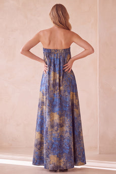 Pleated Blue Print Strapless Sheath Long Wedding Guest Dress