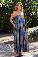 Load image into Gallery viewer, Pleated Blue Print Strapless Sheath Long Wedding Guest Dress