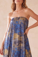 Load image into Gallery viewer, Pleated Blue Print Strapless Sheath Long Wedding Guest Dress