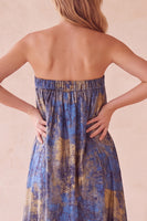 Load image into Gallery viewer, Pleated Blue Print Strapless Sheath Long Wedding Guest Dress