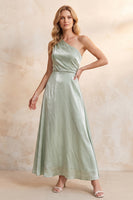 Load image into Gallery viewer, A Line Light Green Ruched Satin One Shoulder Long Wedding Guest Dress