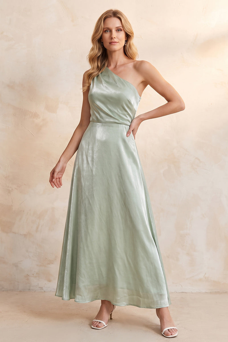 Load image into Gallery viewer, A Line Light Green Ruched Satin One Shoulder Long Wedding Guest Dress