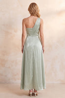 Load image into Gallery viewer, A Line Light Green Ruched Satin One Shoulder Long Wedding Guest Dress