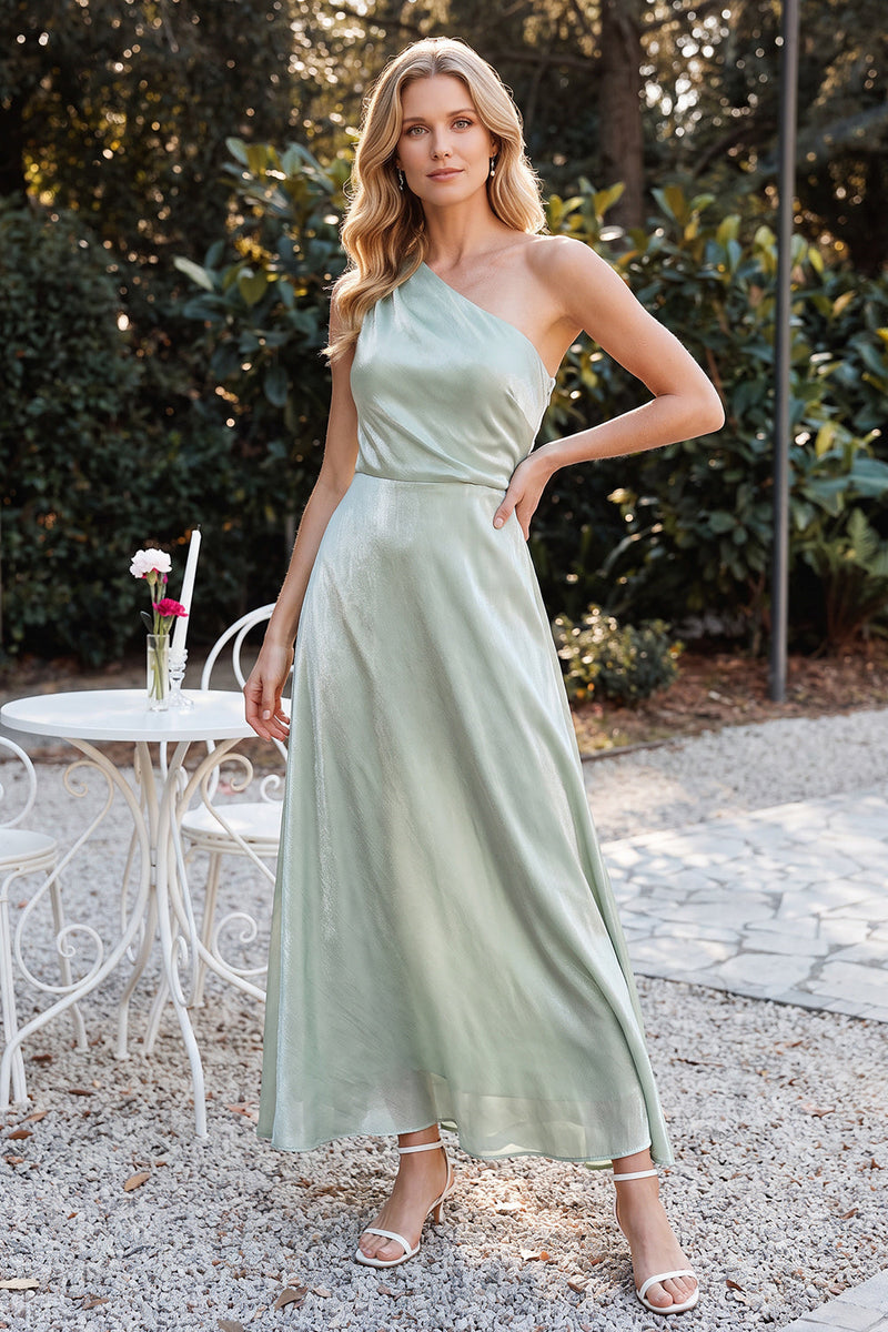 Load image into Gallery viewer, A Line Light Green Ruched Satin One Shoulder Long Wedding Guest Dress