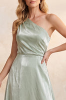 Load image into Gallery viewer, A Line Light Green Ruched Satin One Shoulder Long Wedding Guest Dress
