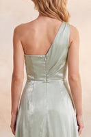 Load image into Gallery viewer, A Line Light Green Ruched Satin One Shoulder Long Wedding Guest Dress