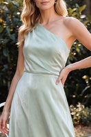 Load image into Gallery viewer, A Line Light Green Ruched Satin One Shoulder Long Wedding Guest Dress