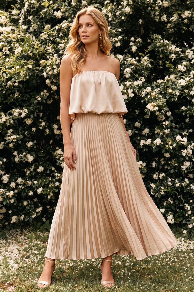 Load image into Gallery viewer, Champagne A Line Pleated Strapless Long Wedding Guest Dress