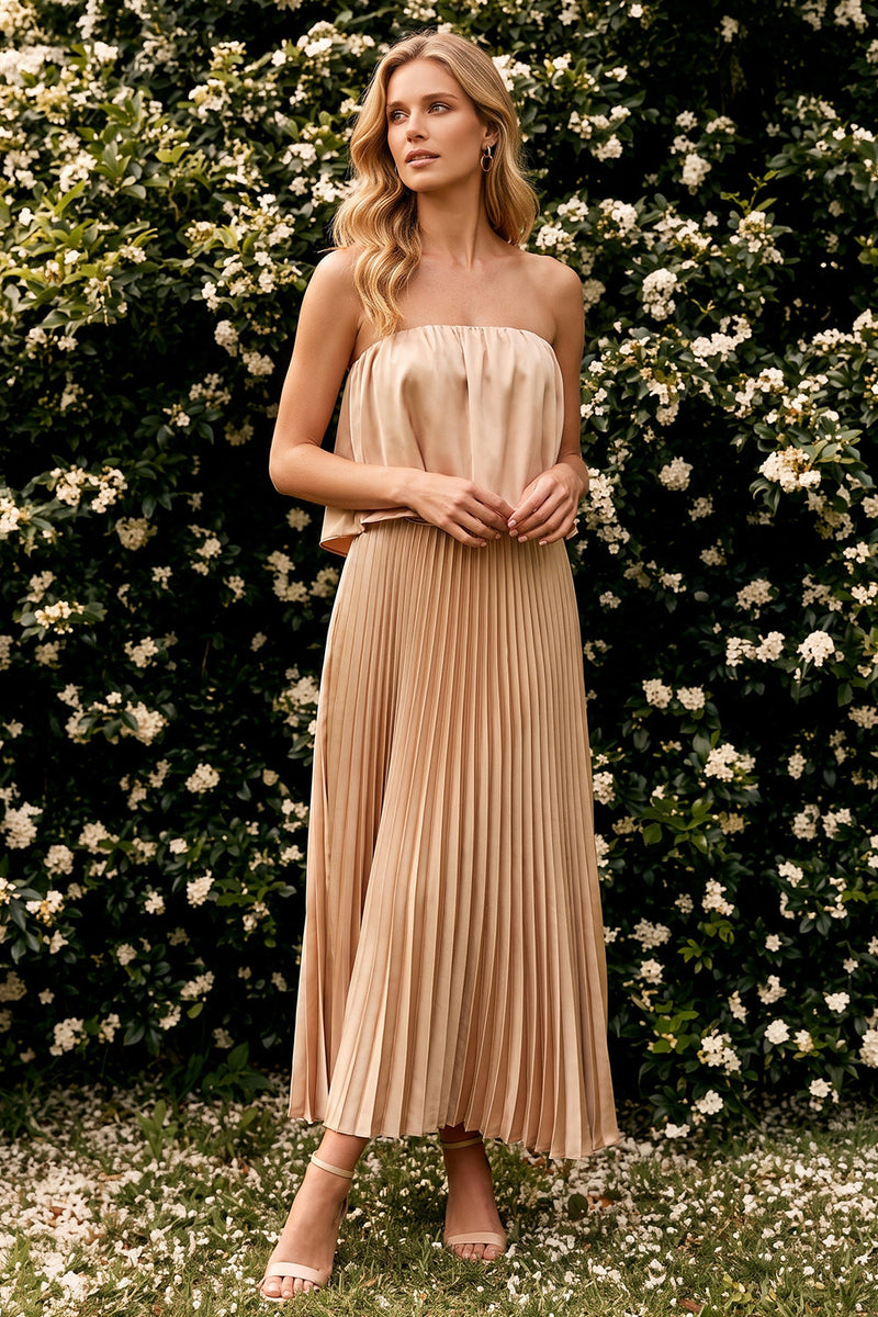 Load image into Gallery viewer, Champagne A Line Pleated Strapless Long Wedding Guest Dress