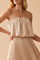 Load image into Gallery viewer, Champagne A Line Pleated Strapless Long Wedding Guest Dress
