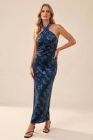 Load image into Gallery viewer, Floral Navy Velvet Sheath Halter Long Wedding Guest Dress