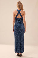 Load image into Gallery viewer, Floral Navy Velvet Sheath Halter Long Wedding Guest Dress