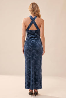 Floral Navy Velvet Sheath Halter Long Wedding Guest Dress