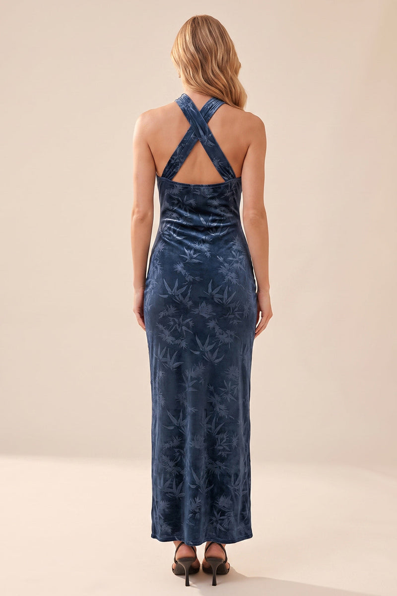 Load image into Gallery viewer, Floral Navy Velvet Sheath Halter Long Wedding Guest Dress