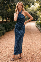 Load image into Gallery viewer, Floral Navy Velvet Sheath Halter Long Wedding Guest Dress