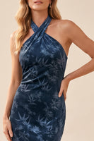 Load image into Gallery viewer, Floral Navy Velvet Sheath Halter Long Wedding Guest Dress