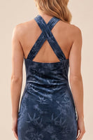 Load image into Gallery viewer, Floral Navy Velvet Sheath Halter Long Wedding Guest Dress