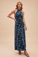 Load image into Gallery viewer, Navy Velvet Floral Keyhole Sheath Halter Long Wedding Guest Dress
