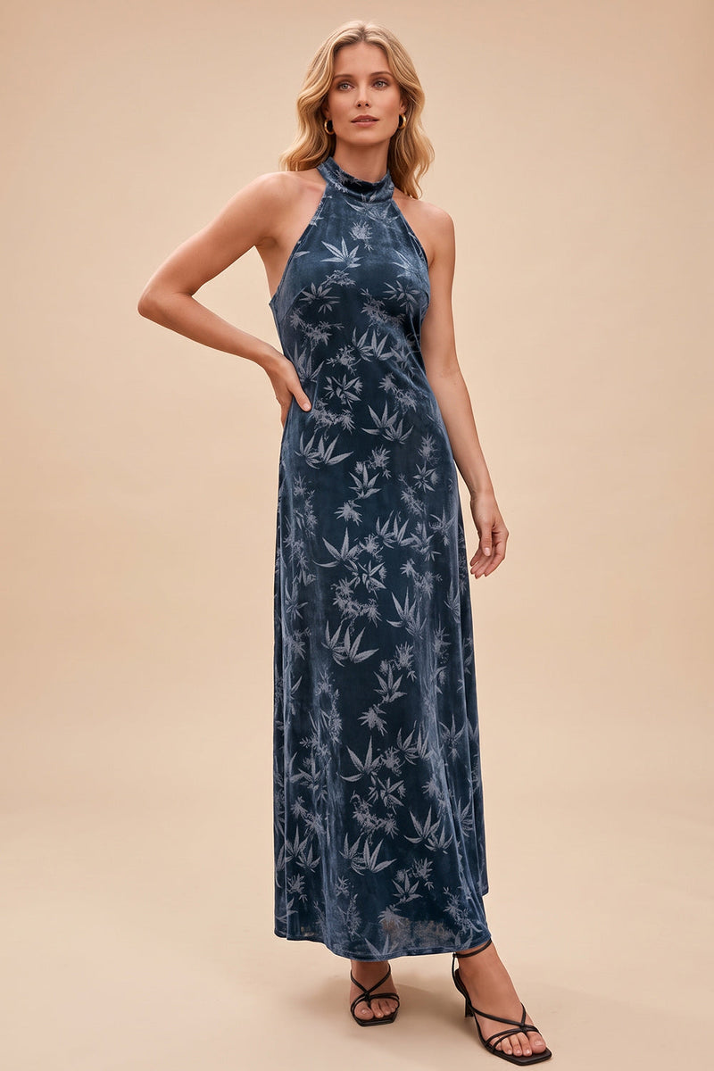 Load image into Gallery viewer, Navy Velvet Floral Keyhole Sheath Halter Long Wedding Guest Dress