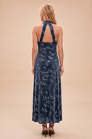 Load image into Gallery viewer, Navy Velvet Floral Keyhole Sheath Halter Long Wedding Guest Dress