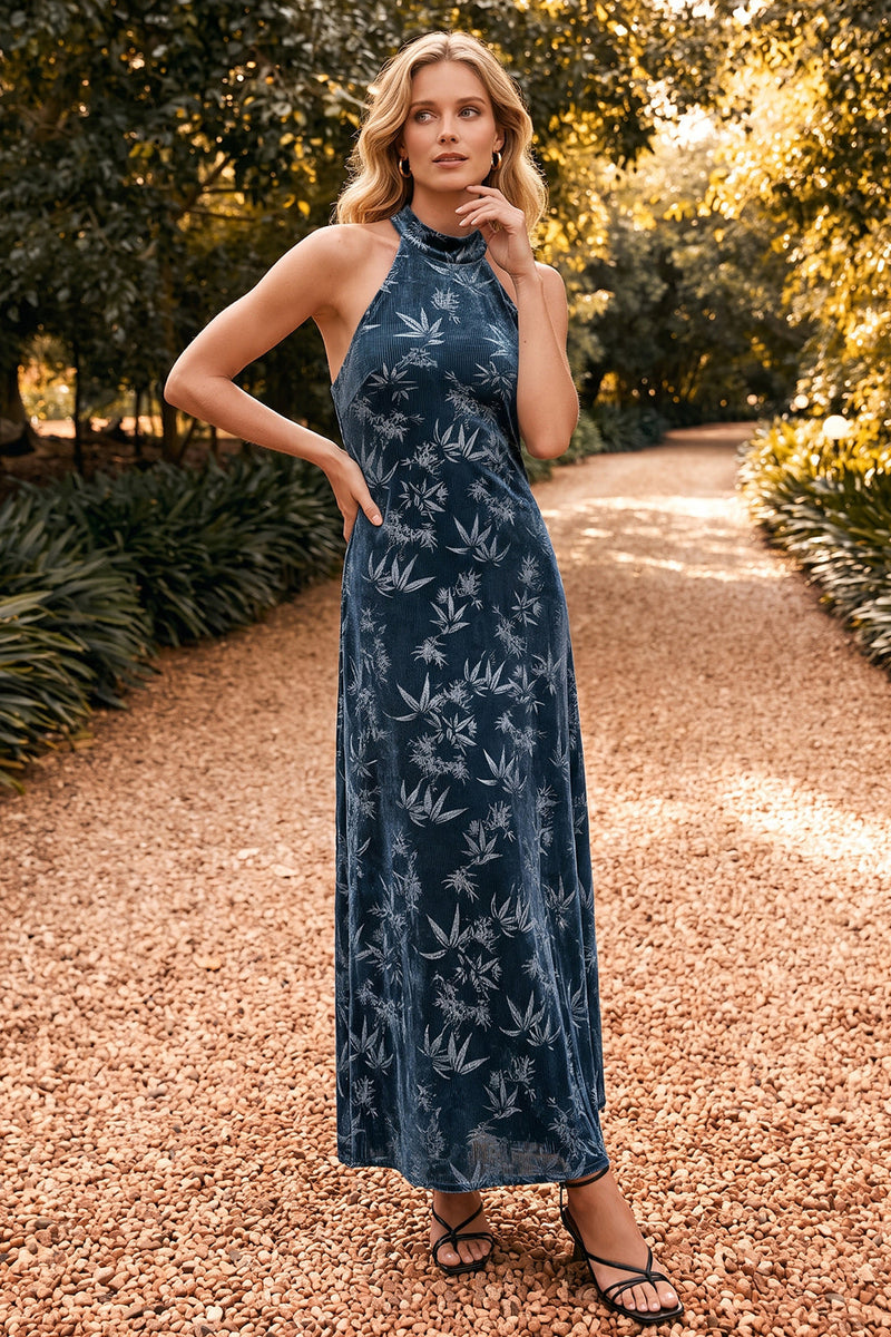 Load image into Gallery viewer, Navy Velvet Floral Keyhole Sheath Halter Long Wedding Guest Dress