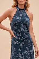 Load image into Gallery viewer, Navy Velvet Floral Keyhole Sheath Halter Long Wedding Guest Dress