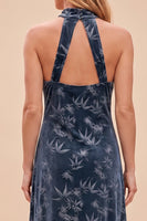 Load image into Gallery viewer, Navy Velvet Floral Keyhole Sheath Halter Long Wedding Guest Dress