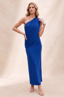 Load image into Gallery viewer, Royal Blue Ruched Sheath Simple One Shoulder Long Wedding Guest Dress