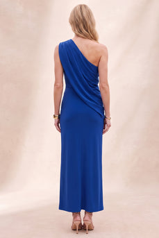Royal Blue Ruched Sheath Simple One Shoulder Long Wedding Guest Dress