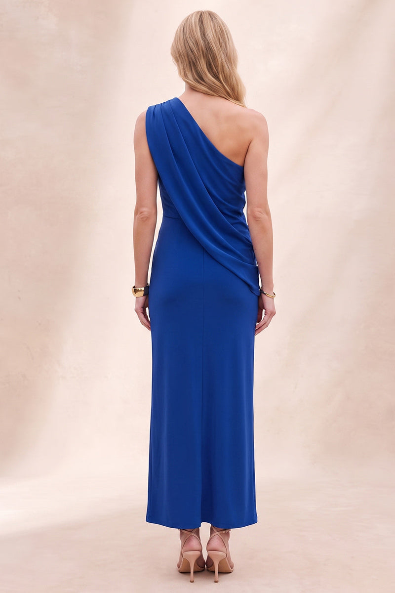 Load image into Gallery viewer, Royal Blue Ruched Sheath Simple One Shoulder Long Wedding Guest Dress