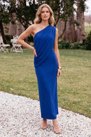 Load image into Gallery viewer, Royal Blue Ruched Sheath Simple One Shoulder Long Wedding Guest Dress