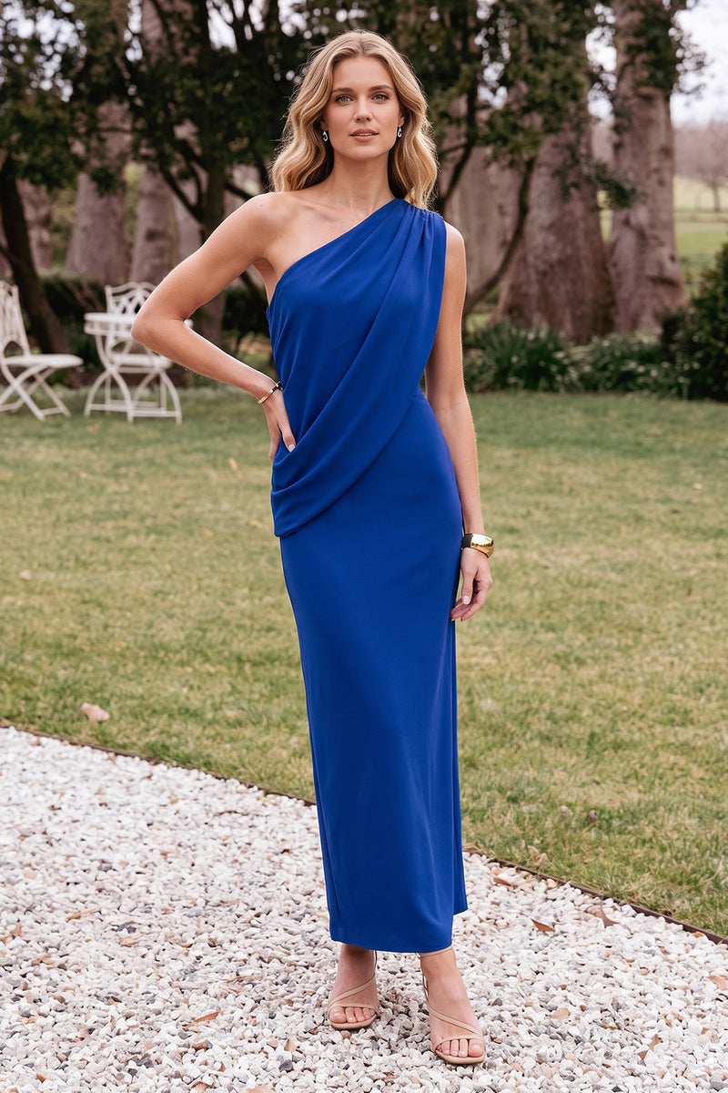 Load image into Gallery viewer, Royal Blue Ruched Sheath Simple One Shoulder Long Wedding Guest Dress