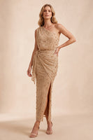 Load image into Gallery viewer, Sparkly Sequin Champagne Floral Sheath Long Wedding Guest Dress with Slit