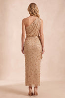 Load image into Gallery viewer, Sparkly Sequin Champagne Floral Sheath Long Wedding Guest Dress with Slit