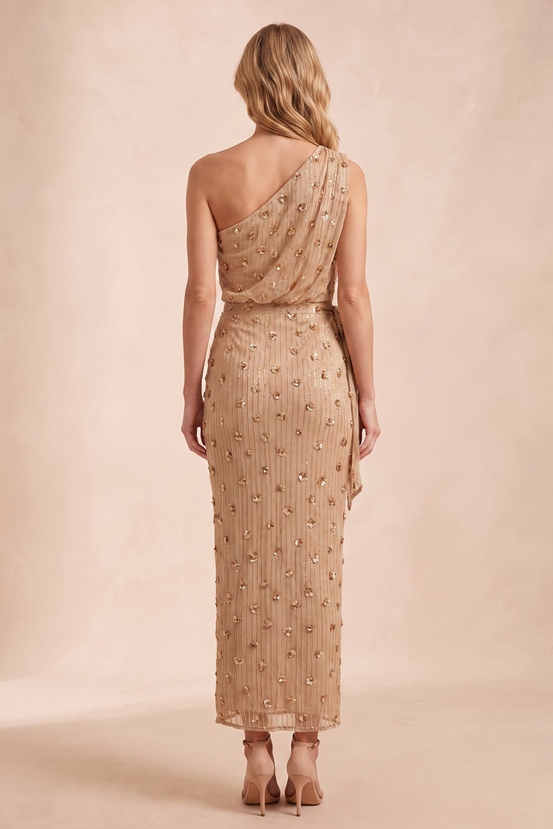 Load image into Gallery viewer, Sparkly Sequin Champagne Floral Sheath Long Wedding Guest Dress with Slit