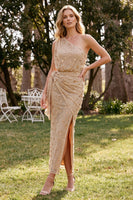 Load image into Gallery viewer, Sparkly Sequin Champagne Floral Sheath Long Wedding Guest Dress with Slit