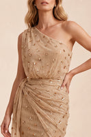 Load image into Gallery viewer, Sparkly Sequin Champagne Floral Sheath Long Wedding Guest Dress with Slit