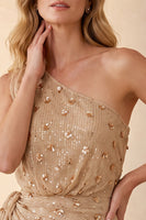 Load image into Gallery viewer, Sparkly Sequin Champagne Floral Sheath Long Wedding Guest Dress with Slit