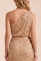 Load image into Gallery viewer, Sparkly Sequin Champagne Floral Sheath Long Wedding Guest Dress with Slit