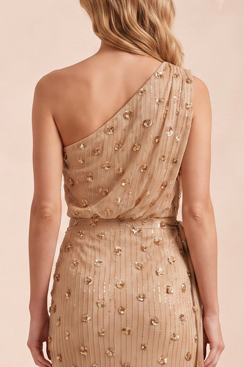 Load image into Gallery viewer, Sparkly Sequin Champagne Floral Sheath Long Wedding Guest Dress with Slit