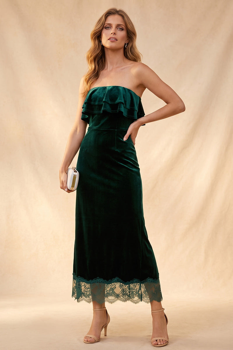 Load image into Gallery viewer, Velvet Dark Green Ruffled Tiered Sheath Long Wedding Guest Dress with Lace