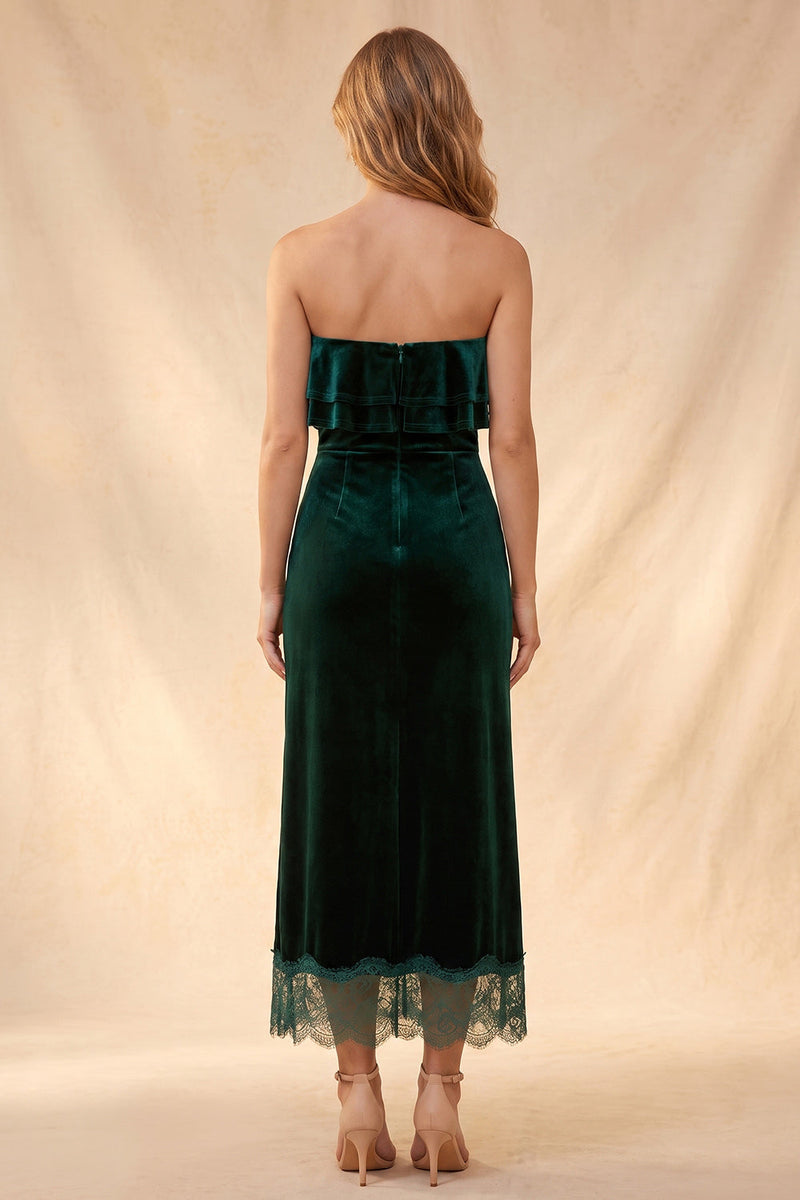 Load image into Gallery viewer, Velvet Dark Green Ruffled Tiered Sheath Long Wedding Guest Dress with Lace