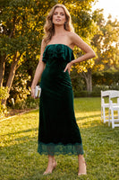 Load image into Gallery viewer, Velvet Dark Green Ruffled Tiered Sheath Long Wedding Guest Dress with Lace