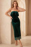 Load image into Gallery viewer, Velvet Dark Green Ruffled Tiered Sheath Long Wedding Guest Dress with Lace