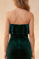 Load image into Gallery viewer, Velvet Dark Green Ruffled Tiered Sheath Long Wedding Guest Dress with Lace