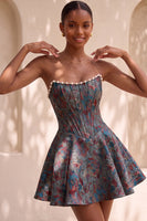 Load image into Gallery viewer, Light Green Jacquard Corset Strapless Mini Cocktail Dress with Pearls