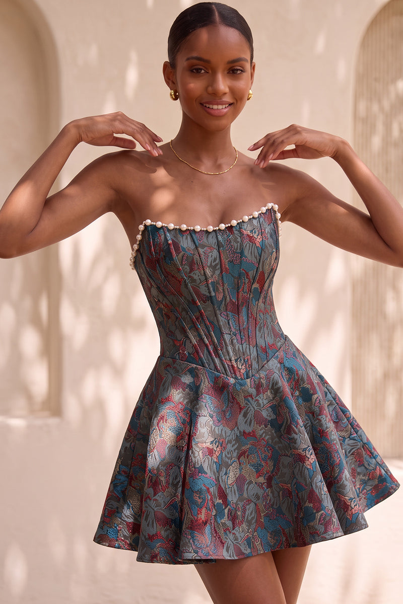 Load image into Gallery viewer, Light Green Jacquard Corset Strapless Mini Cocktail Dress with Pearls