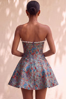 Load image into Gallery viewer, Light Green Jacquard Corset Strapless Mini Cocktail Dress with Pearls