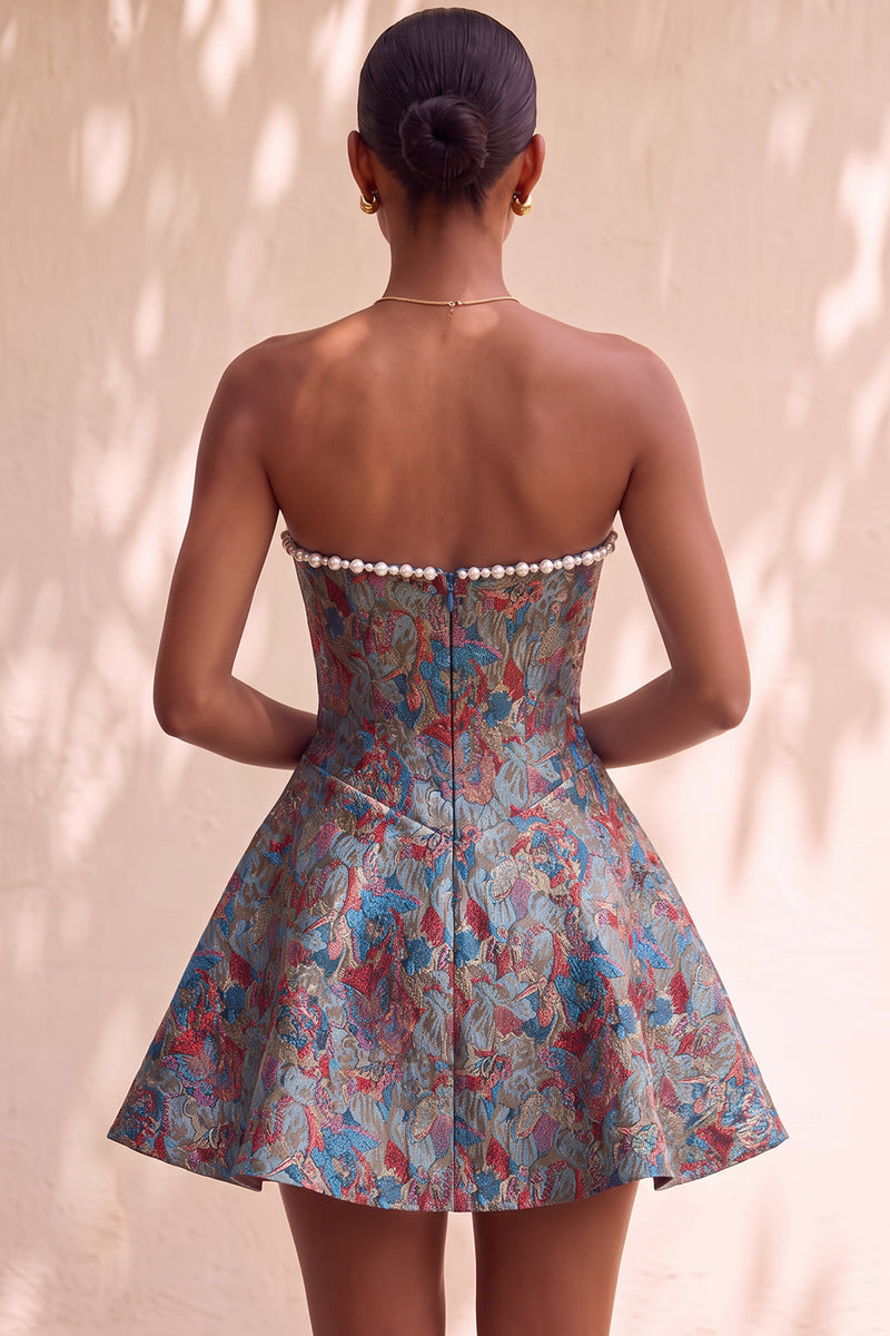 Load image into Gallery viewer, Light Green Jacquard Corset Strapless Mini Cocktail Dress with Pearls