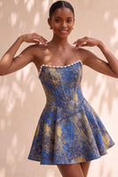 Load image into Gallery viewer, Light Green Jacquard Corset Strapless Mini Cocktail Dress with Pearls
